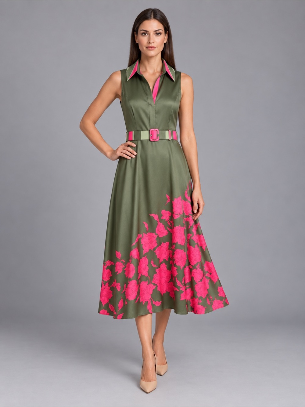 Belle Badgley Mischka Olive Green Samara A-Line Belted Floral Dress 14